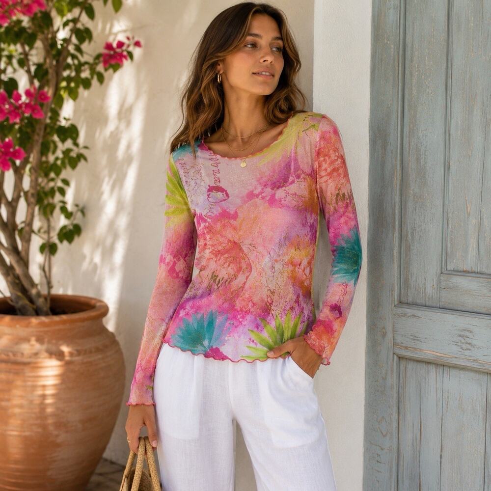 Feelgood Paris Floral Mesh Top Womens Size 2 US Small Pink Sheer Y2K Lettuce Hem